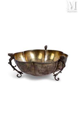 an image of a metal bowl on a stand with a handle