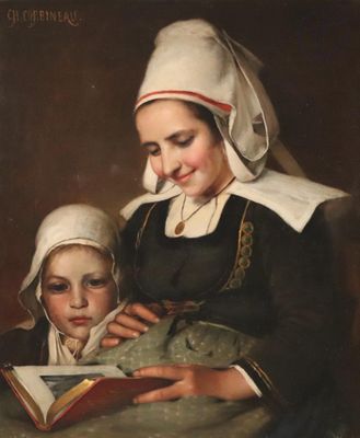 an image of a painting of a woman and a child reading a book