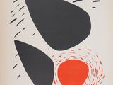 a black and red painting on a white background with a sun in the background