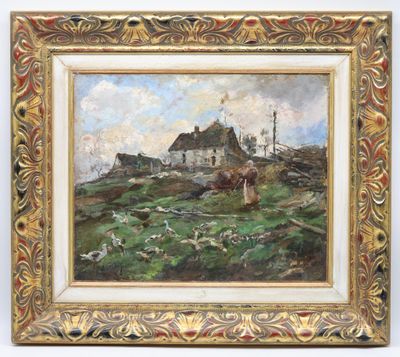 an oil painting of a farm scene with a cow grazing in the foreground