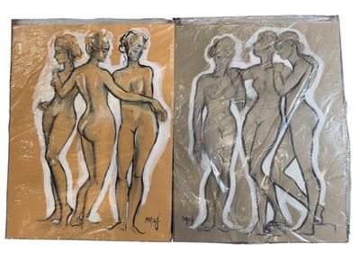 two paintings of nudes are shown on a white background