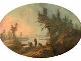 a painting of a man and a woman sitting on a hill by the water