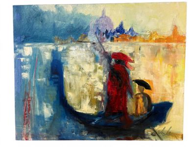 a painting of a gondola with a woman in a red dress