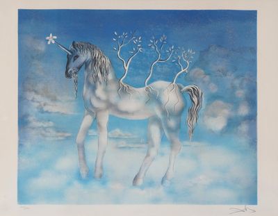 painting of a white horse with a tree on its head