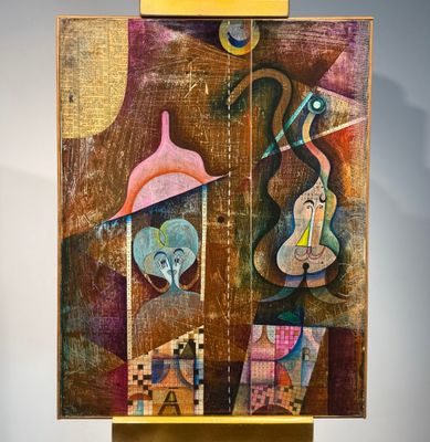 un tableau représentant une guitare et un violoniste, exposé