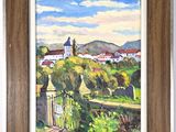 a painting of a view of a town from a hill