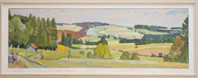 an image of a painting of a rural landscape with trees