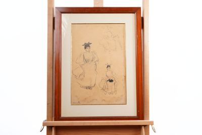 an image of a picture of a woman and a cat on a easel