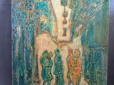 une peinture à l'huile représentant trois enfants marchant dans une rue