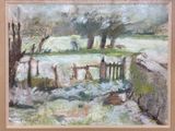 une peinture à l'huile représentant un paysage enneigé avec une clôture et des arbres