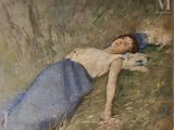 tableau représentant une femme allongée par terre, vêtue d'une robe bleue