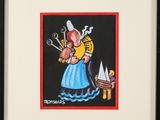 painting of a woman with scissors and a doll in a black frame
