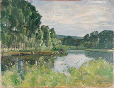 l'image d'une peinture représentant une rivière avec des arbres en arrière-plan