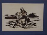 drawing of a man riding a horse in a body of water