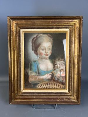 un vieux tableau représentant une femme tenant un panier et un chat