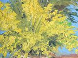 peinture d'un vase de fleurs jaunes sur une table à fond bleu