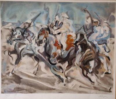 a painting of a group of horses running in a race