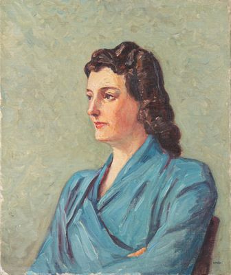 a painting of a woman in a blue shirt sitting in a chair