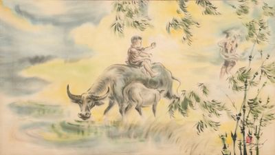 une photo d'un tableau représentant un homme à dos de vache