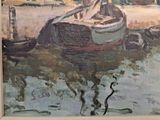 a painting of a man in a boat on a body of water