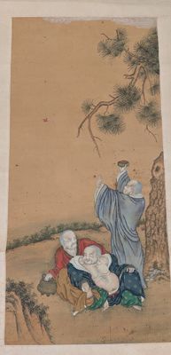 chinese painting of a man and a woman sitting under a pine tree