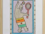 drawing of a bear holding a tennis racket in a frame