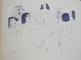 un dessin représentant un groupe de personnes assises sur un canapé