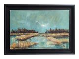 an oil painting of a landscape with a river and trees