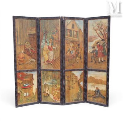 an image of a room divider with four paintings on it