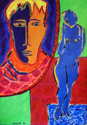 painting of a man standing in front of a painting of a woman