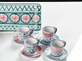 several cups and saucers are sitting on a white table