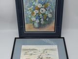 tableau représentant un vase de fleurs posé sur une table, avec l'image d'une mouette
