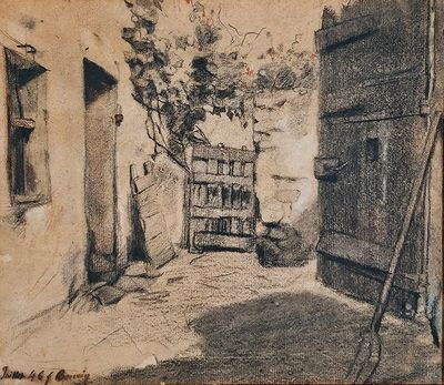 dessin représentant une ruelle avec une bibliothèque et un arbre dans un coin