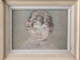 painting of a young girl with curly hair in a white frame