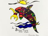 un dessin représentant un poisson avec un soleil en arrière-plan
