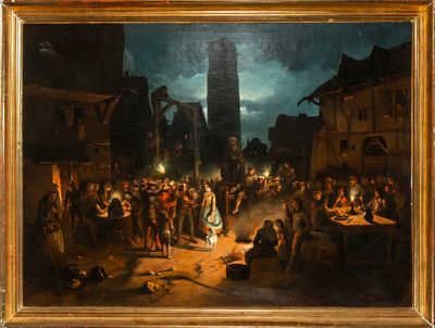 an oil painting of a group of people gathered around a fire