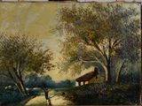painting of a person walking a dog down a dirt road