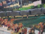 a painting of a group of people riding horses down the street
