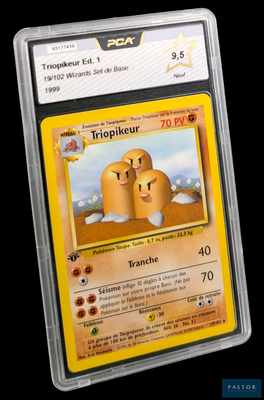 carte à collectionner Pokémon dans un étui en plastique avec l'image de deux œufs