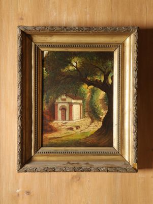 une image représentant un tableau représentant une maison, dans un cadre en bois