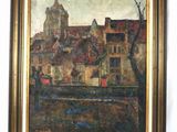 an oil painting of a city with a river in front of it