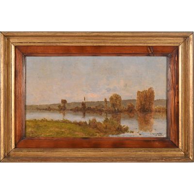 une peinture représentant une scène de rivière avec un bateau dans l'eau