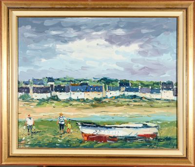 un tableau représentant un homme debout à côté d'un bateau dans un champ