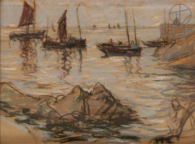 a painting of a group of boats in the water