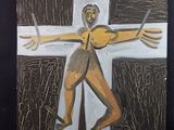 un tableau représentant un homme tenant un couteau et une croix