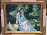 un tableau représentant une femme assise sur un banc avec un panier