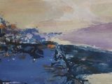 an image of a painting of a man playing a piano on a beach