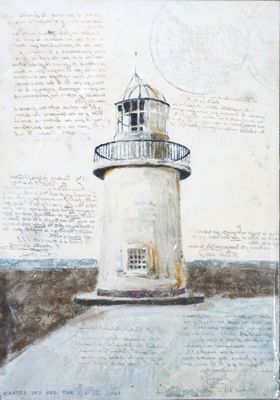 peinture représentant un phare sur laquelle est inscrit un poème