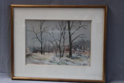 painting of a winter scene with trees and snow in a gold frame