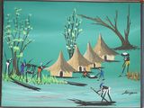a painting of some people on a boat in the water